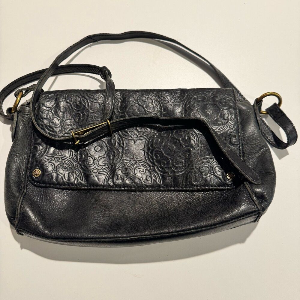 The Sak Black Leather Crossbody Bag Floral Embossed Flap Purse Boho